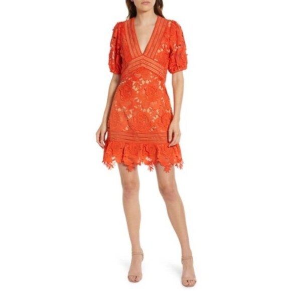 Adelyn Rae Dress Size Medium NWT 3D Lace A-Line Coral Orange Short Sleeve Floral - Picture 1 of 12